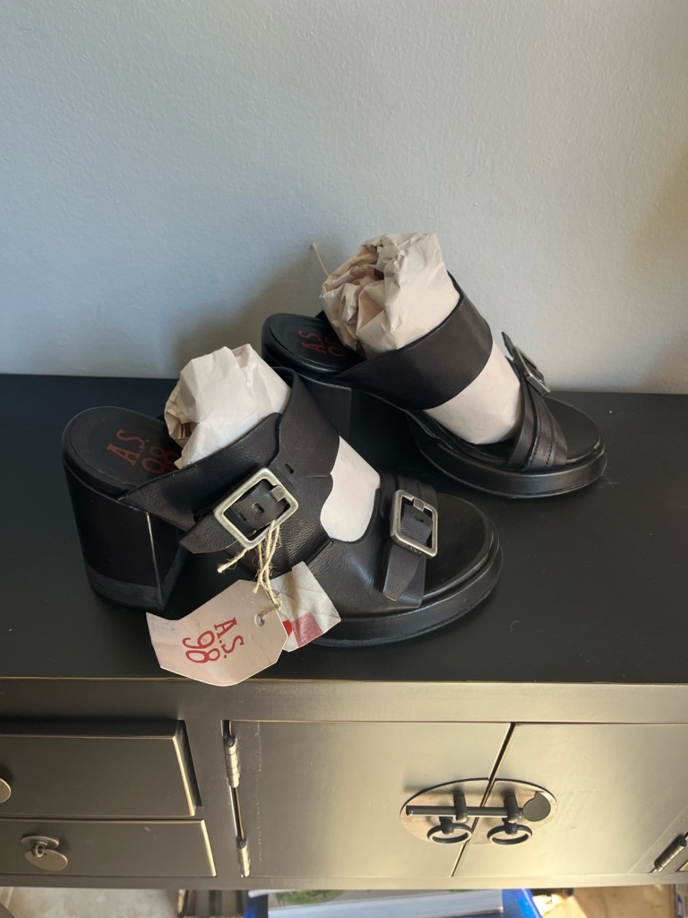 A.S.98 Black Leather Double-Buckle Clog Mules